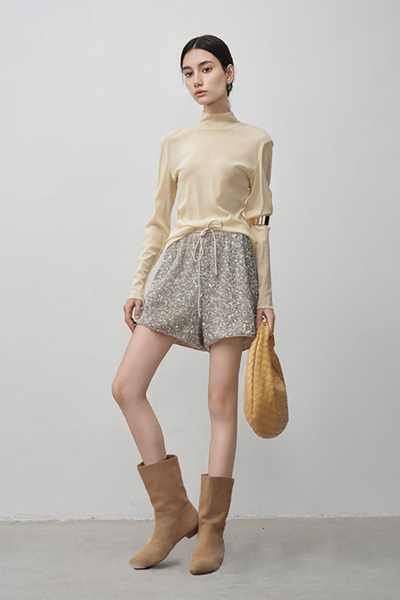 Sparkly Sequin High-Waisted Drawstring Shorts