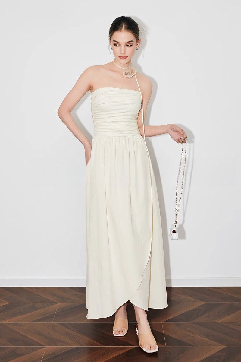 Strapless Ruched Maxi Dress With Asymmetrical Hem