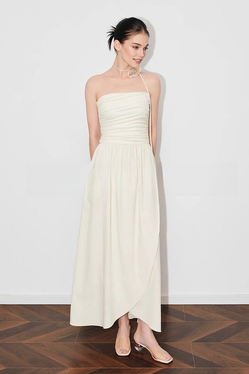 Strapless Ruched Maxi Dress With Asymmetrical Hem