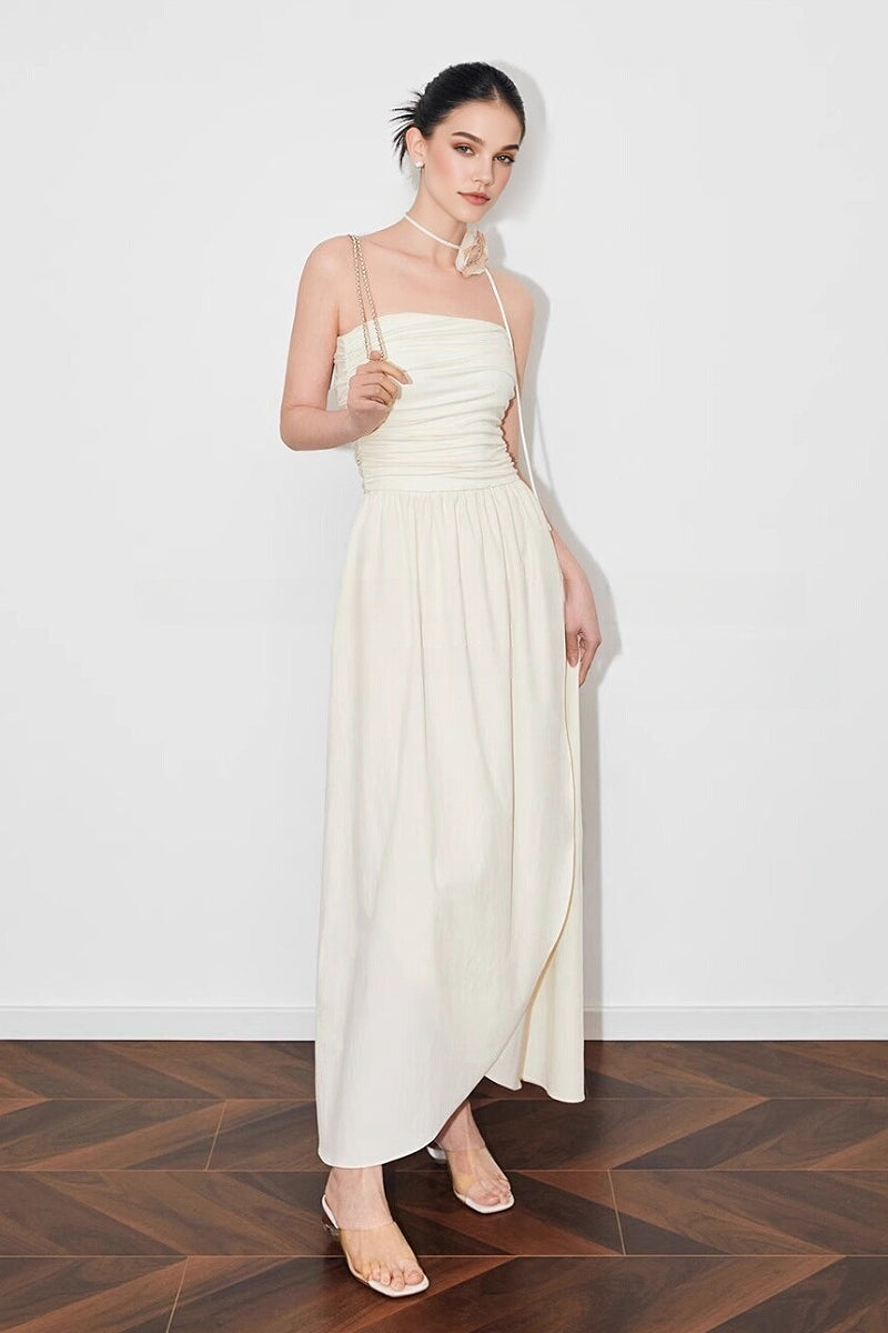 Strapless Ruched Maxi Dress With Asymmetrical Hem