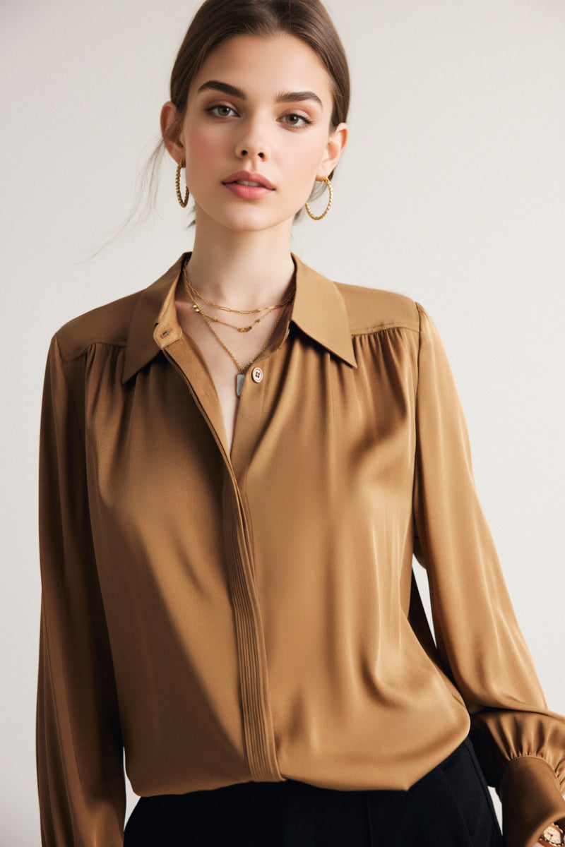 Stretch Silk Button-Down Blouse with Pleated Front