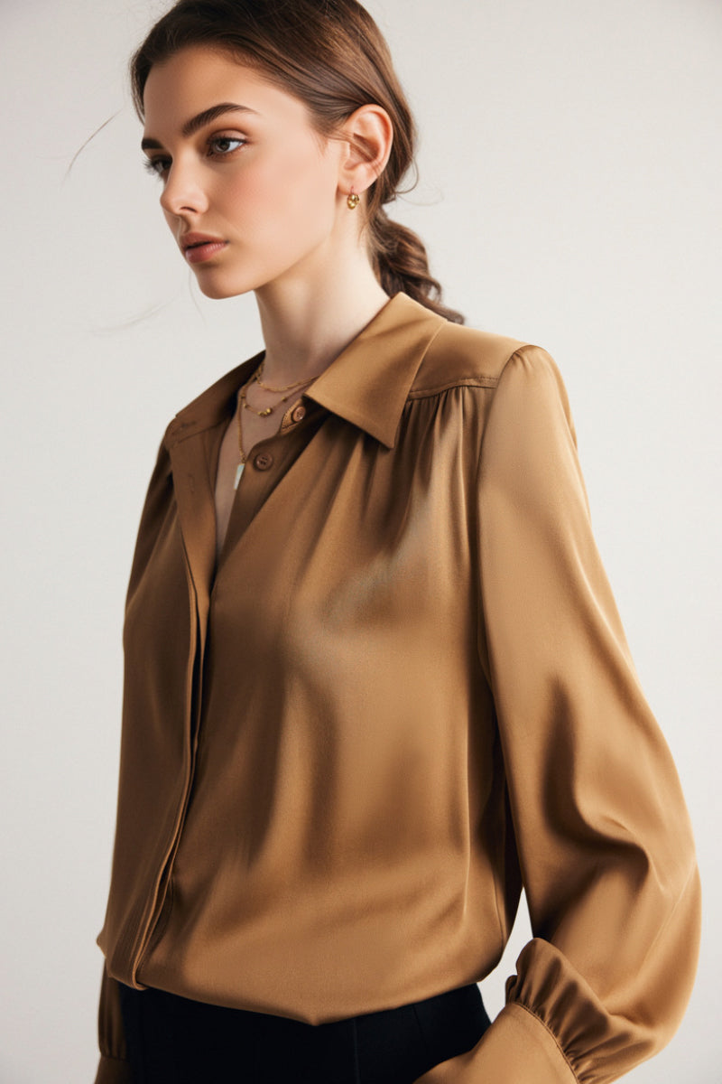 Stretch Silk Button-Down Blouse with Pleated Front