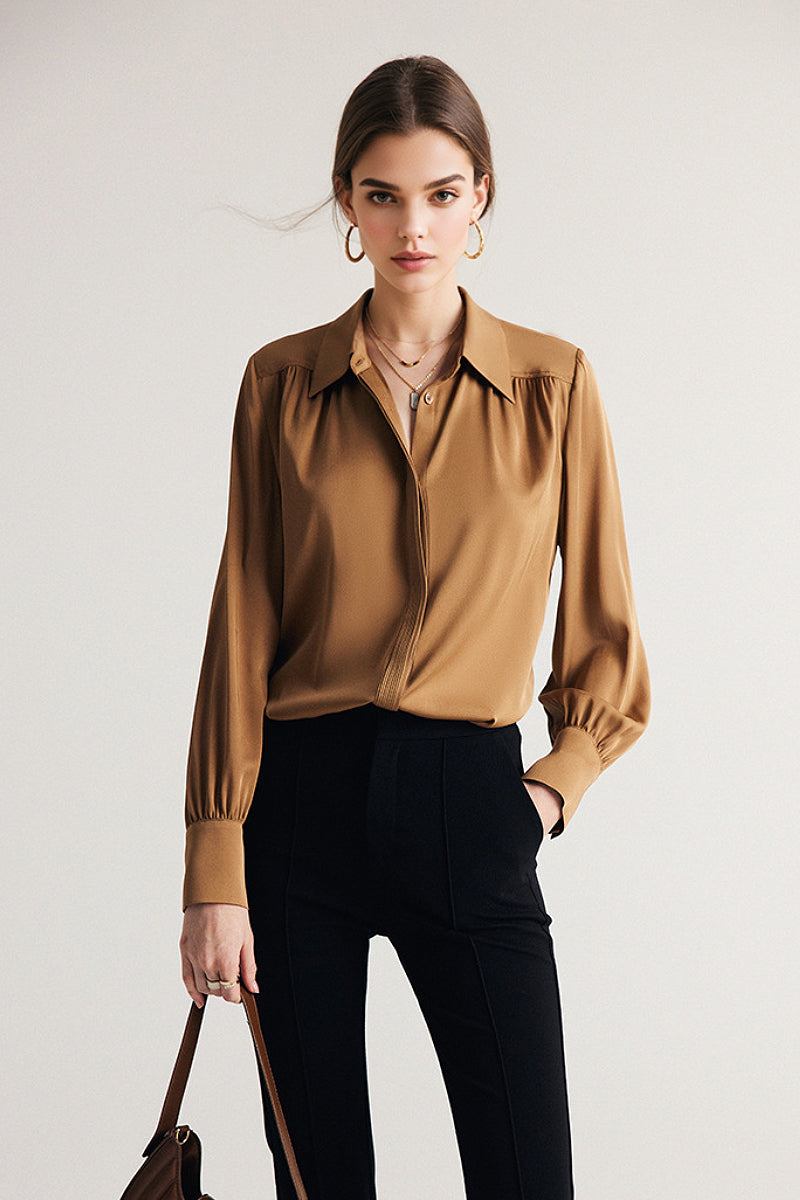 Stretch Silk Button-Down Blouse with Pleated Front