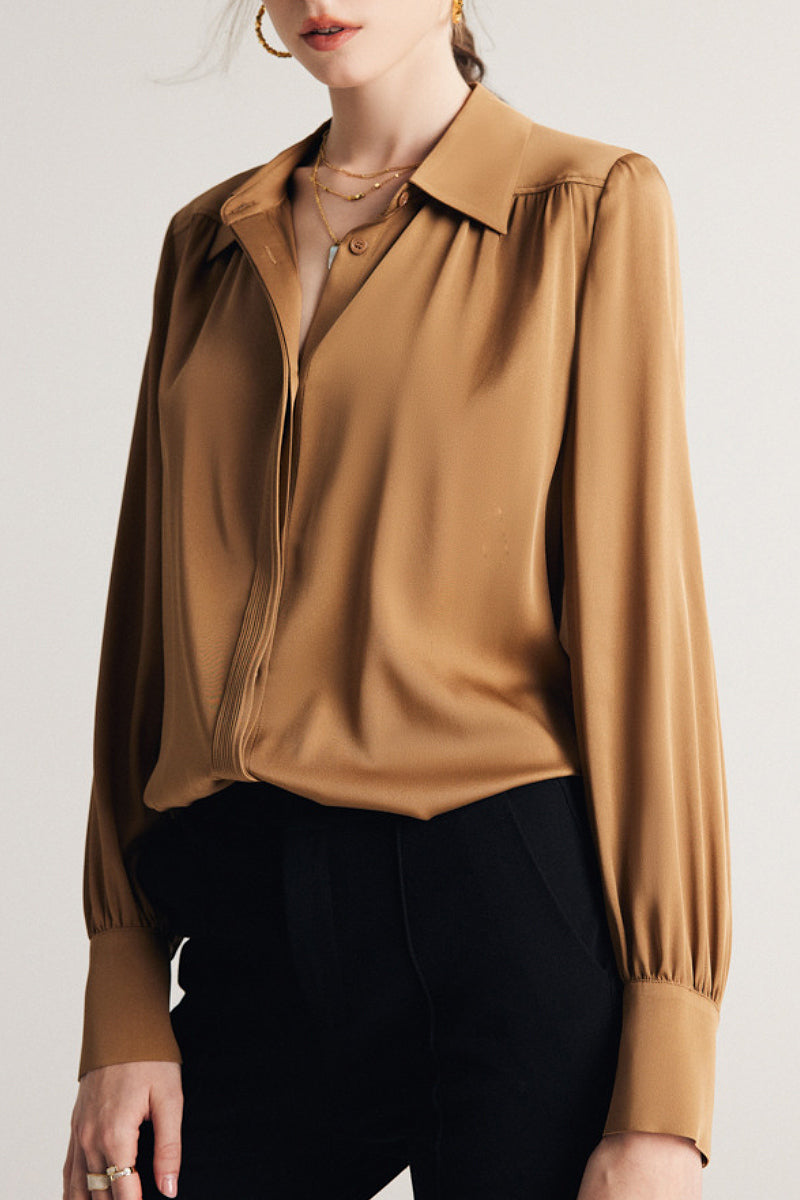 Stretch Silk Button-Down Blouse with Pleated Front