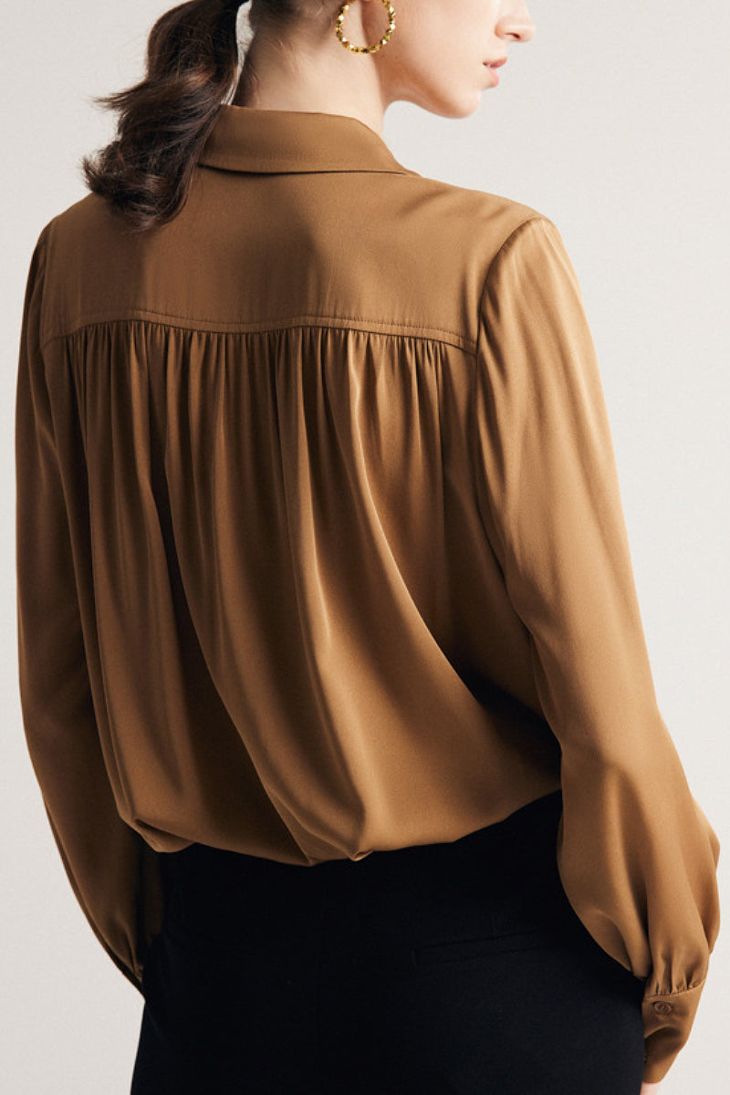 Stretch Silk Button-Down Blouse with Pleated Front