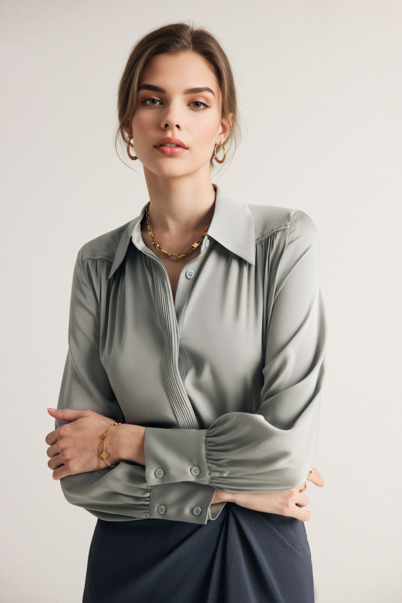 Stretch Silk Button-Down Blouse with Pleated Front