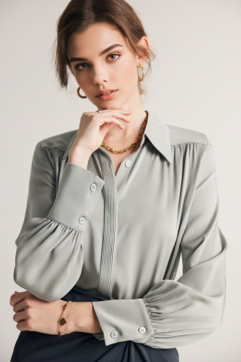 Stretch Silk Button-Down Blouse with Pleated Front