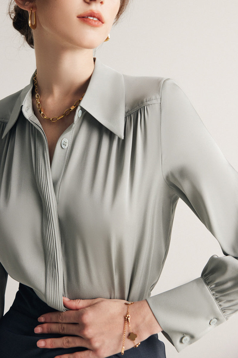 Stretch Silk Button-Down Blouse with Pleated Front