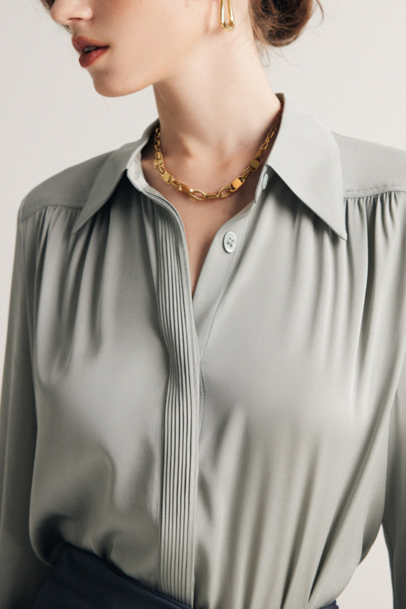 Stretch Silk Button-Down Blouse with Pleated Front