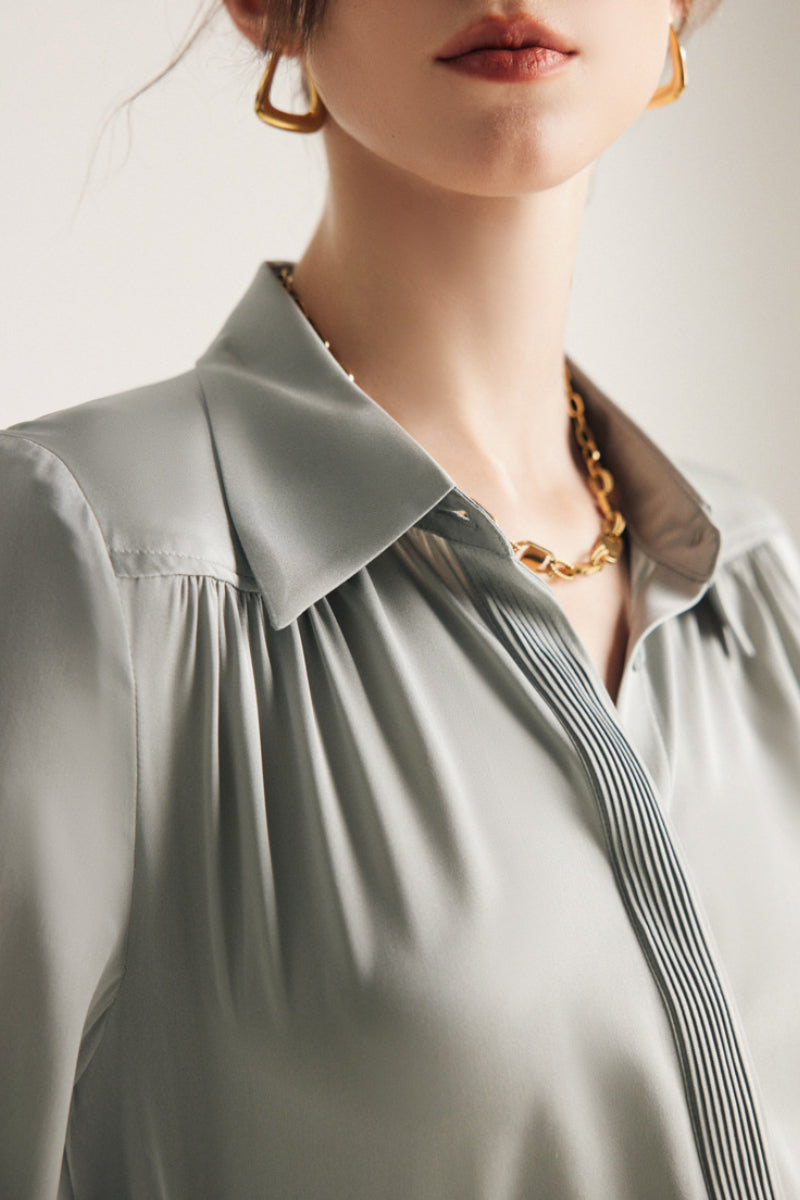 Stretch Silk Button-Down Blouse with Pleated Front