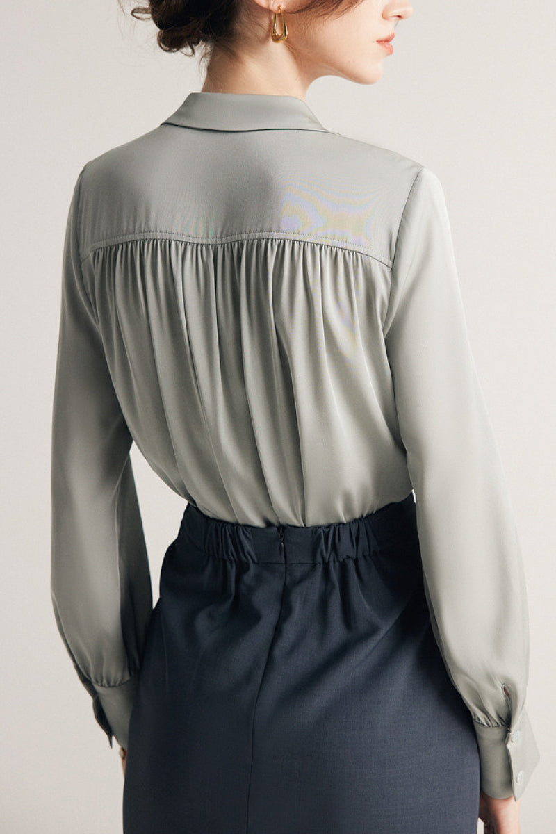 Stretch Silk Button-Down Blouse with Pleated Front