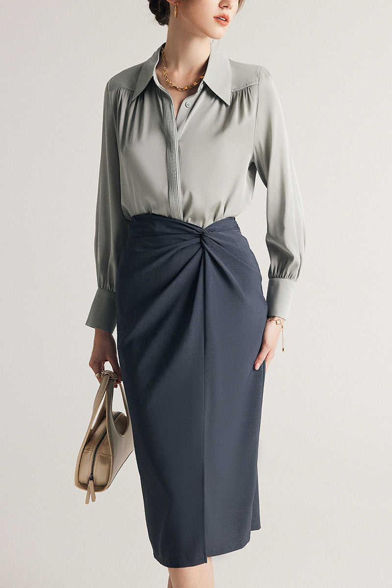 Stretch Silk Button-Down Blouse with Pleated Front