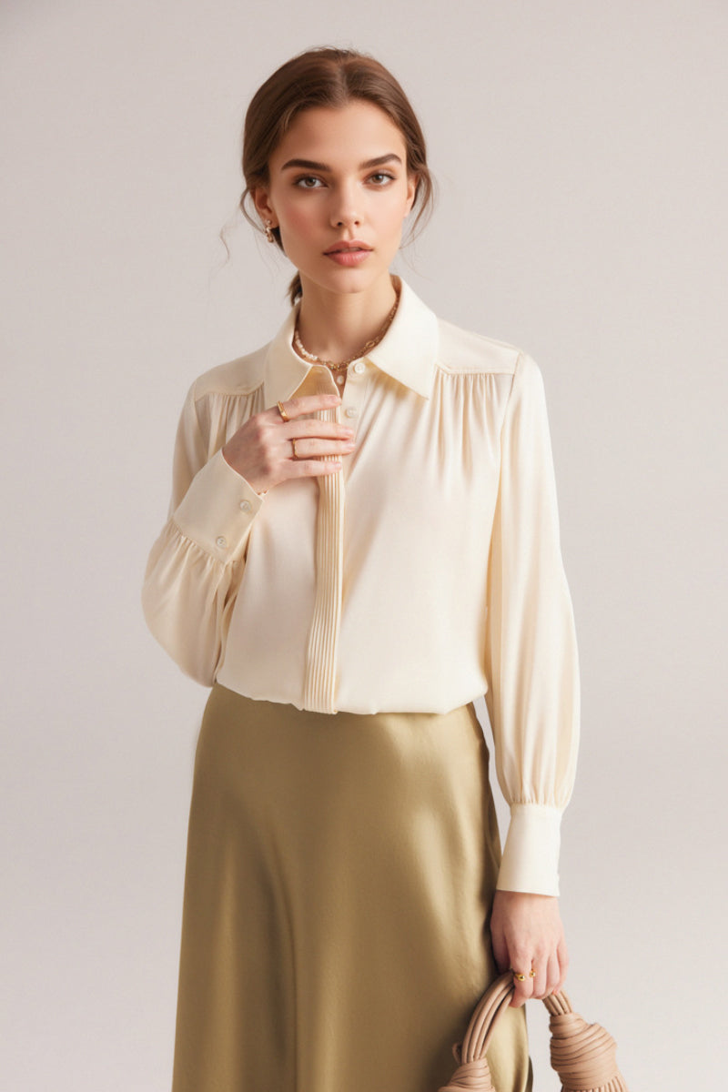 Stretch Silk Button-Down Blouse with Pleated Front
