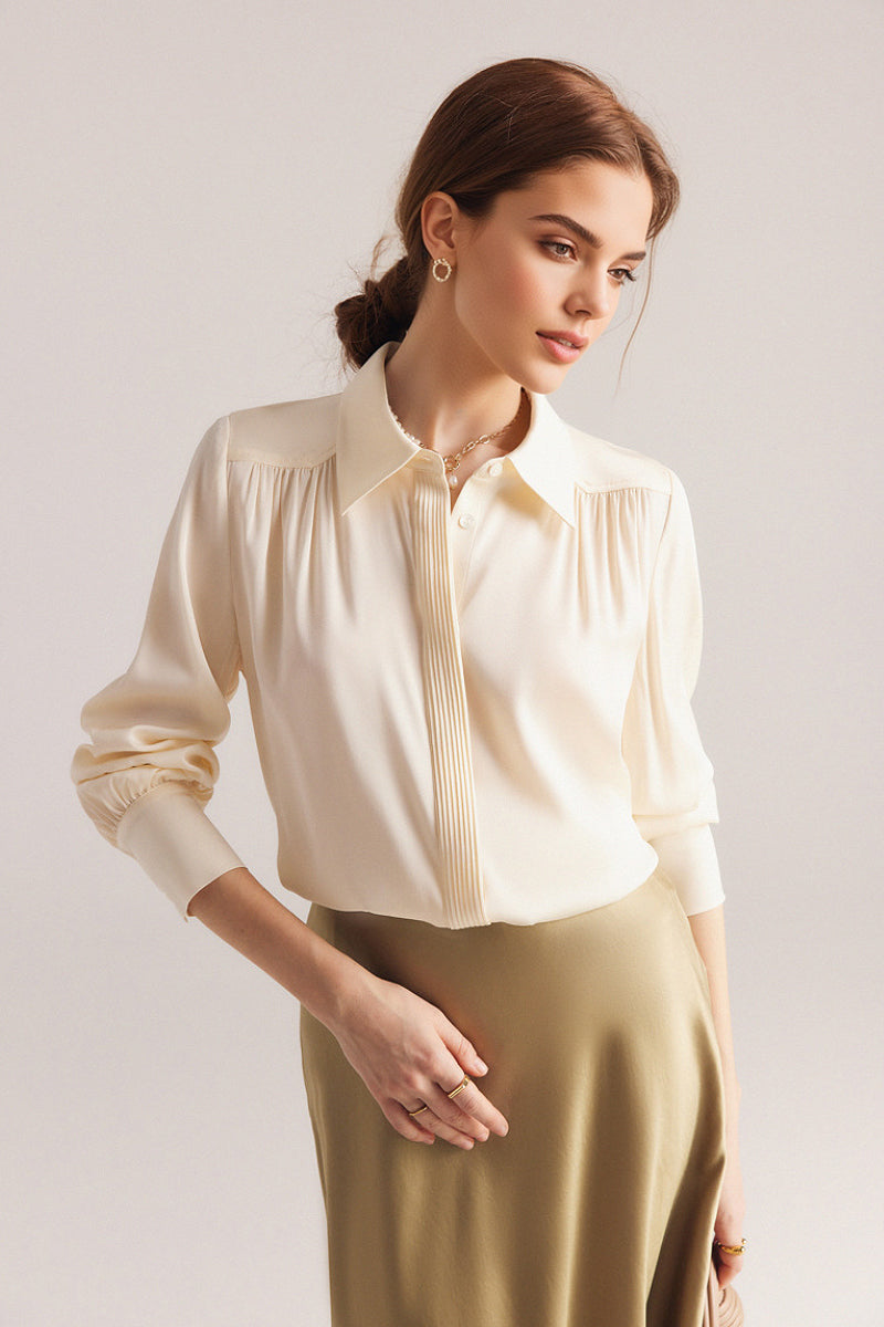 Stretch Silk Button-Down Blouse with Pleated Front