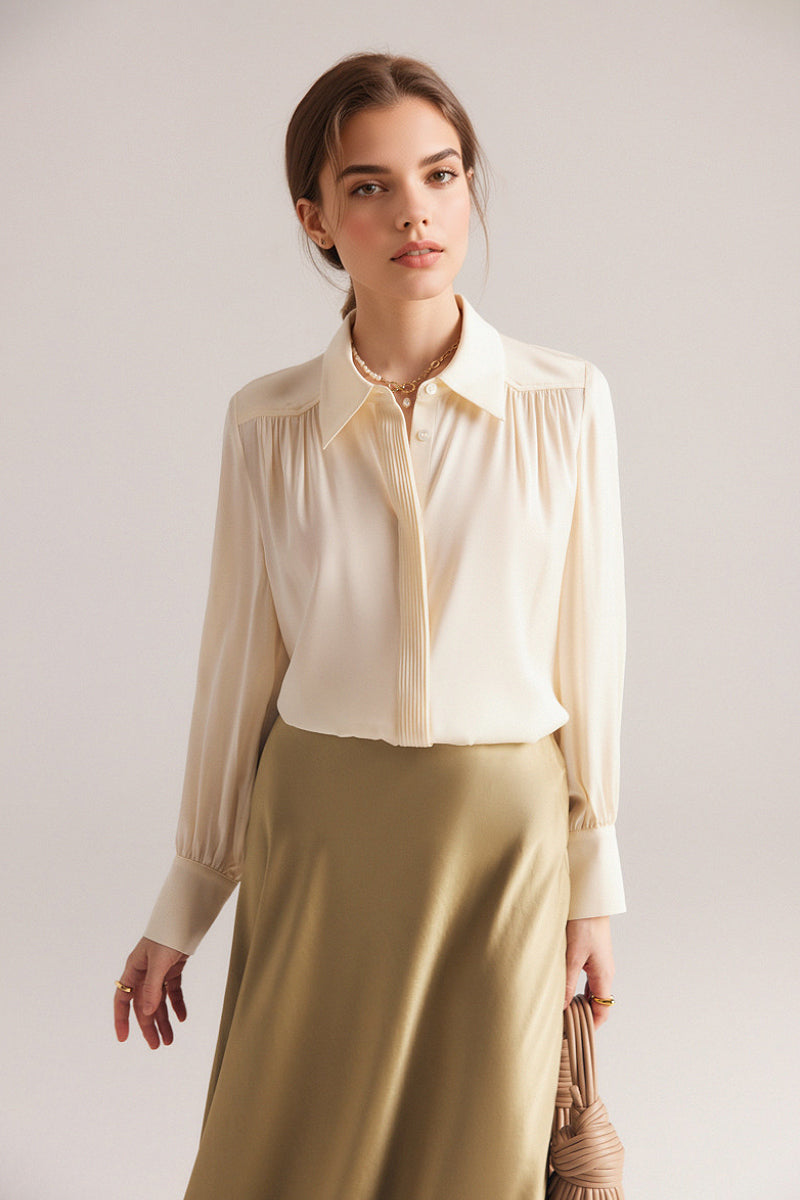 Stretch Silk Button-Down Blouse with Pleated Front