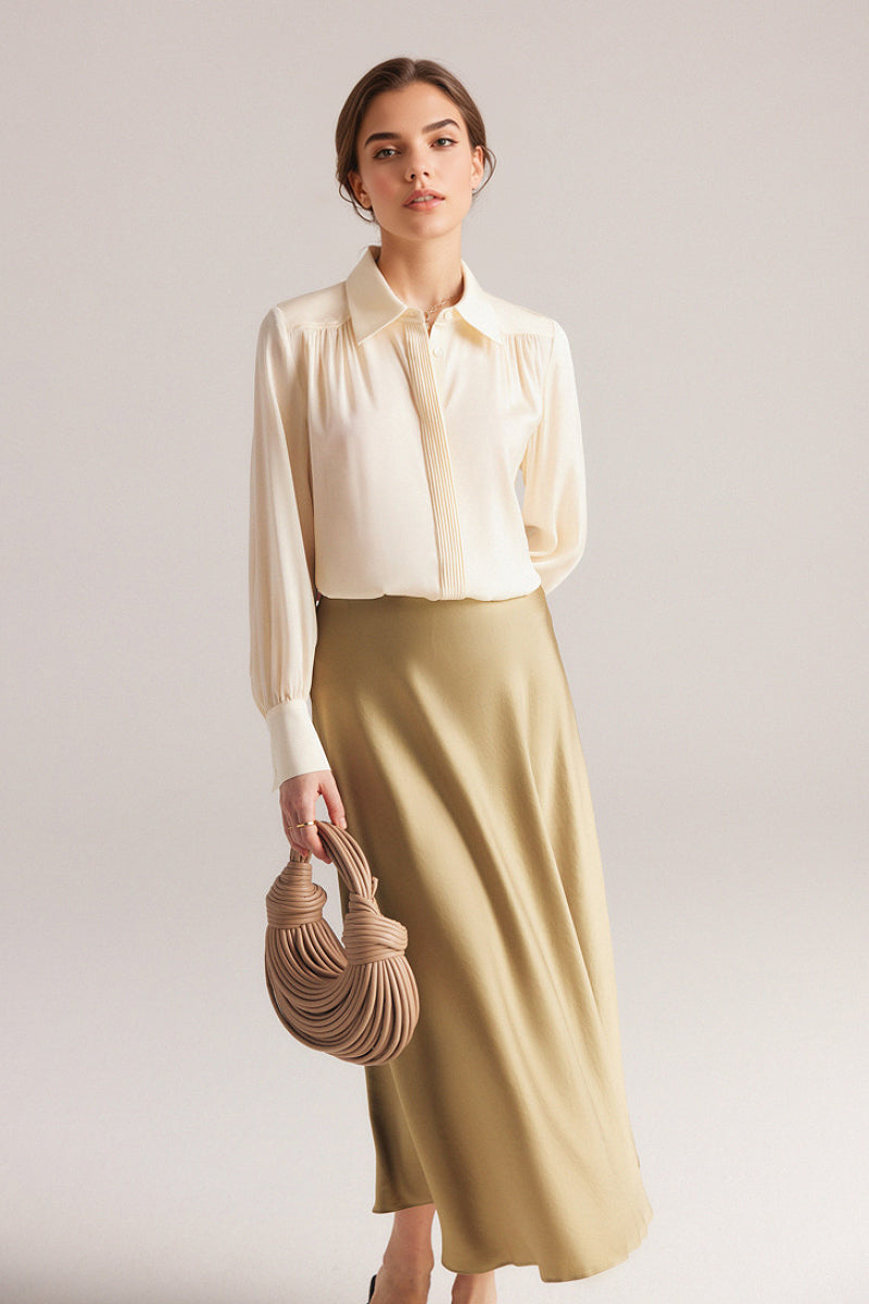 Stretch Silk Button-Down Blouse with Pleated Front