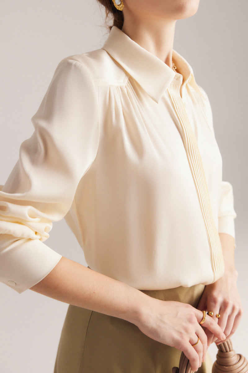 Stretch Silk Button-Down Blouse with Pleated Front