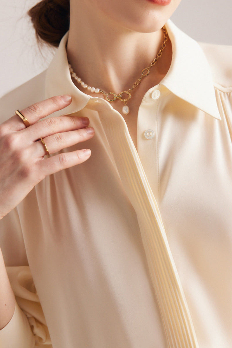 Stretch Silk Button-Down Blouse with Pleated Front
