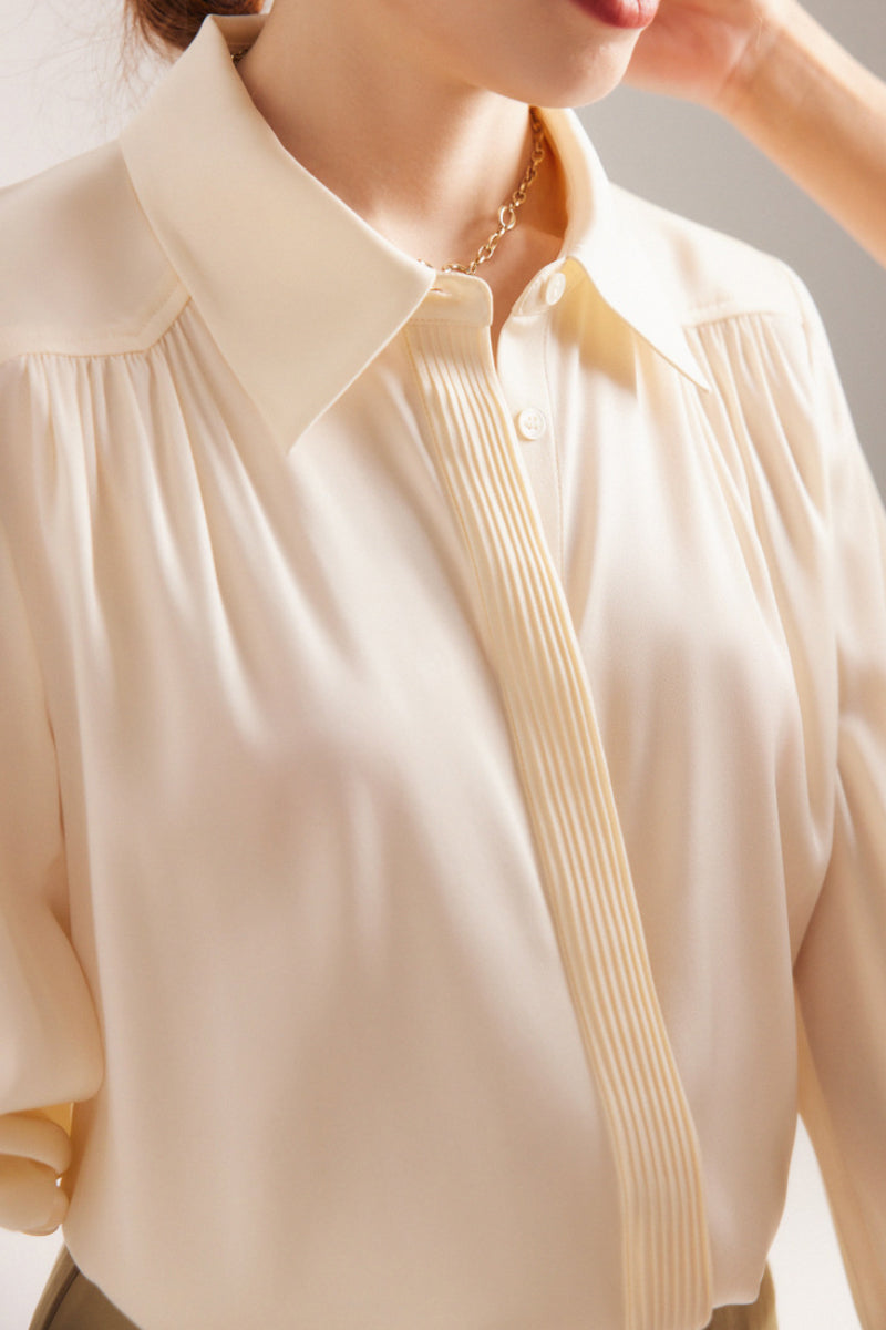 Stretch Silk Button-Down Blouse with Pleated Front
