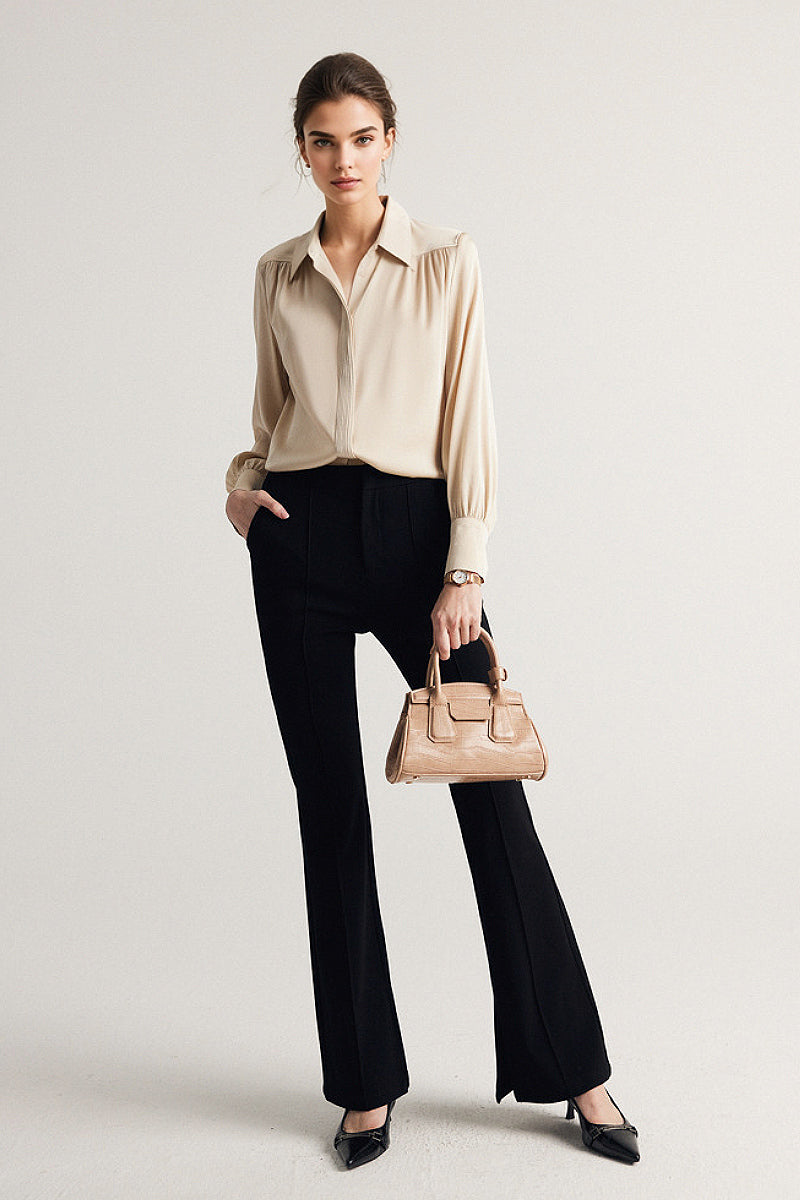 Stretch Silk Button-Down Blouse with Pleated Front