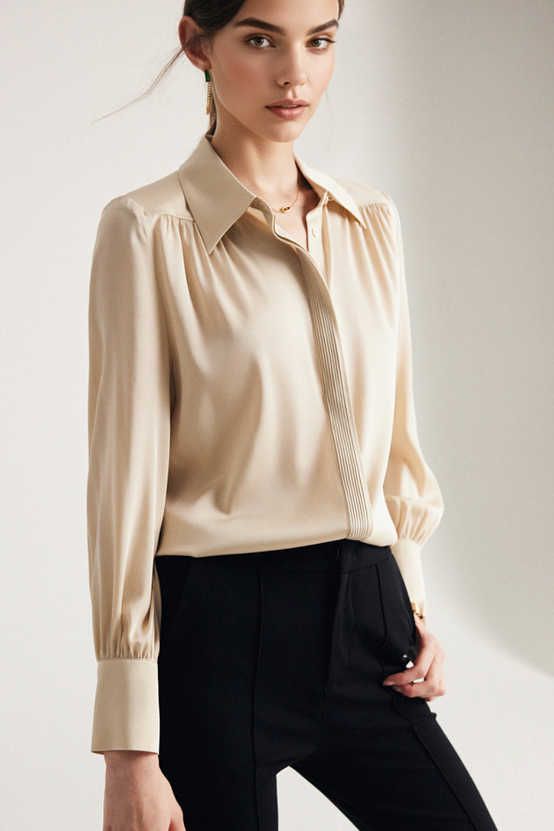 Stretch Silk Button-Down Blouse with Pleated Front