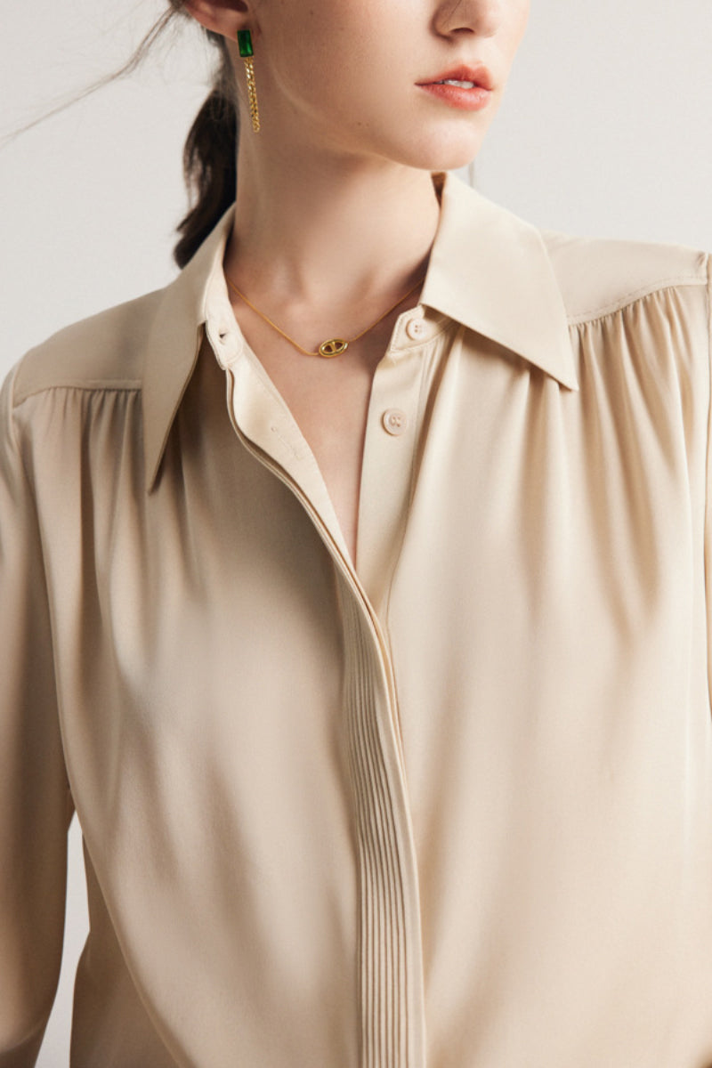 Stretch Silk Button-Down Blouse with Pleated Front
