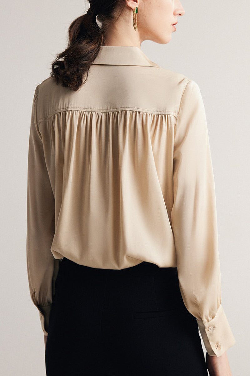 Stretch Silk Button-Down Blouse with Pleated Front