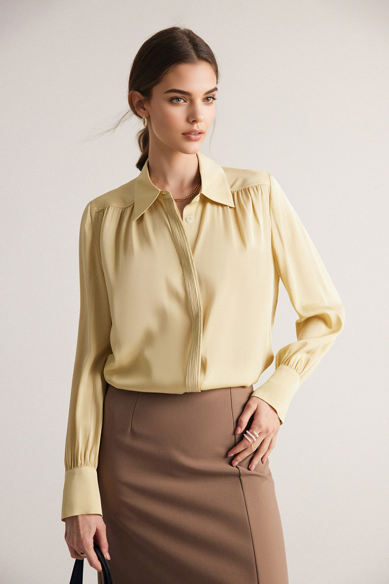 Stretch Silk Button-Down Blouse with Pleated Front