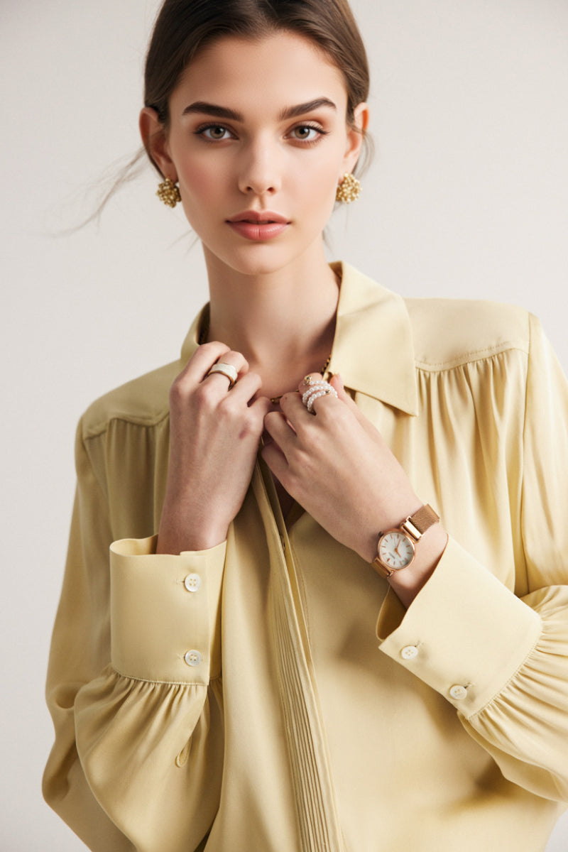 Stretch Silk Button-Down Blouse with Pleated Front