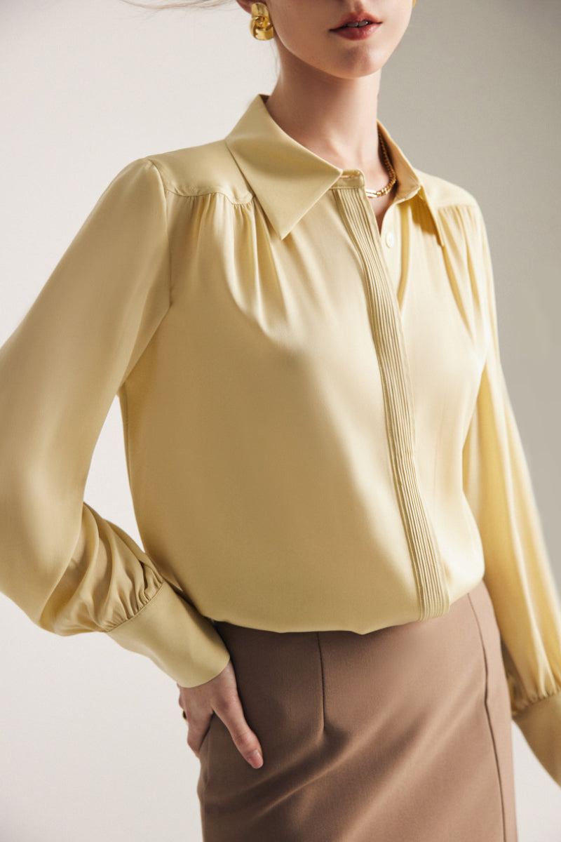 Stretch Silk Button-Down Blouse with Pleated Front