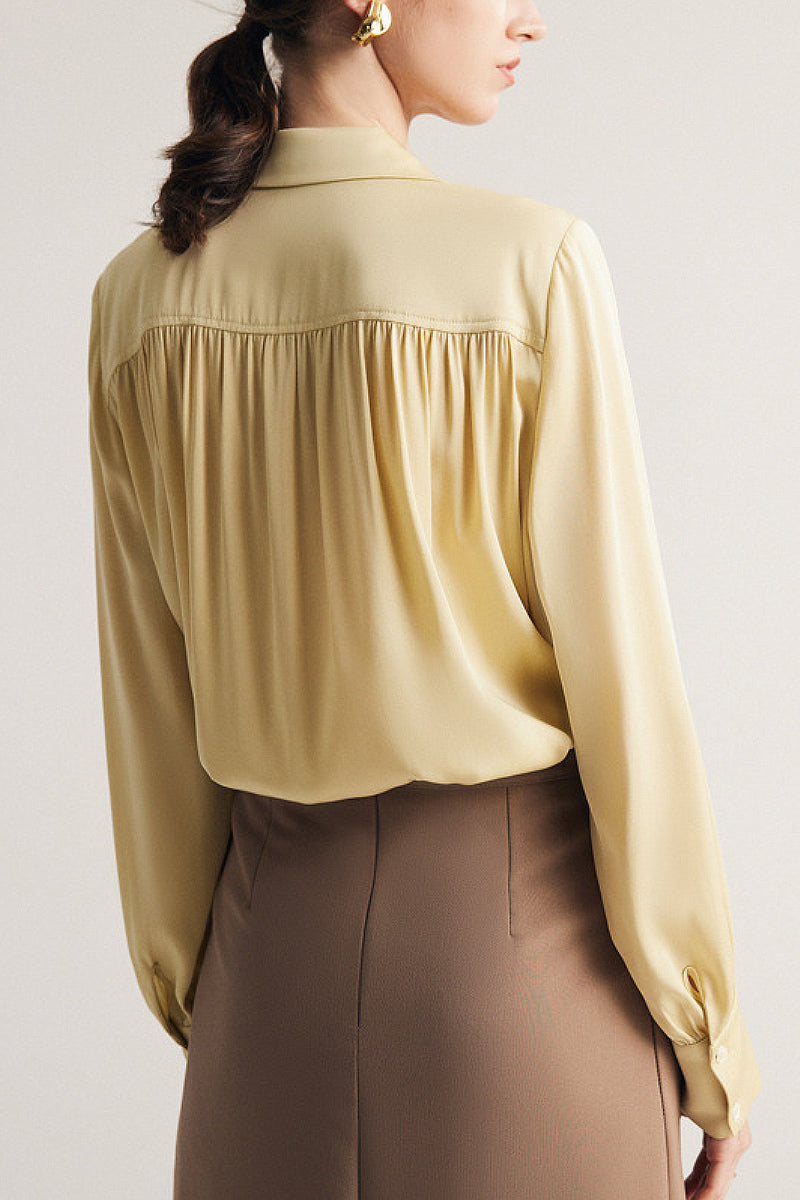 Stretch Silk Button-Down Blouse with Pleated Front