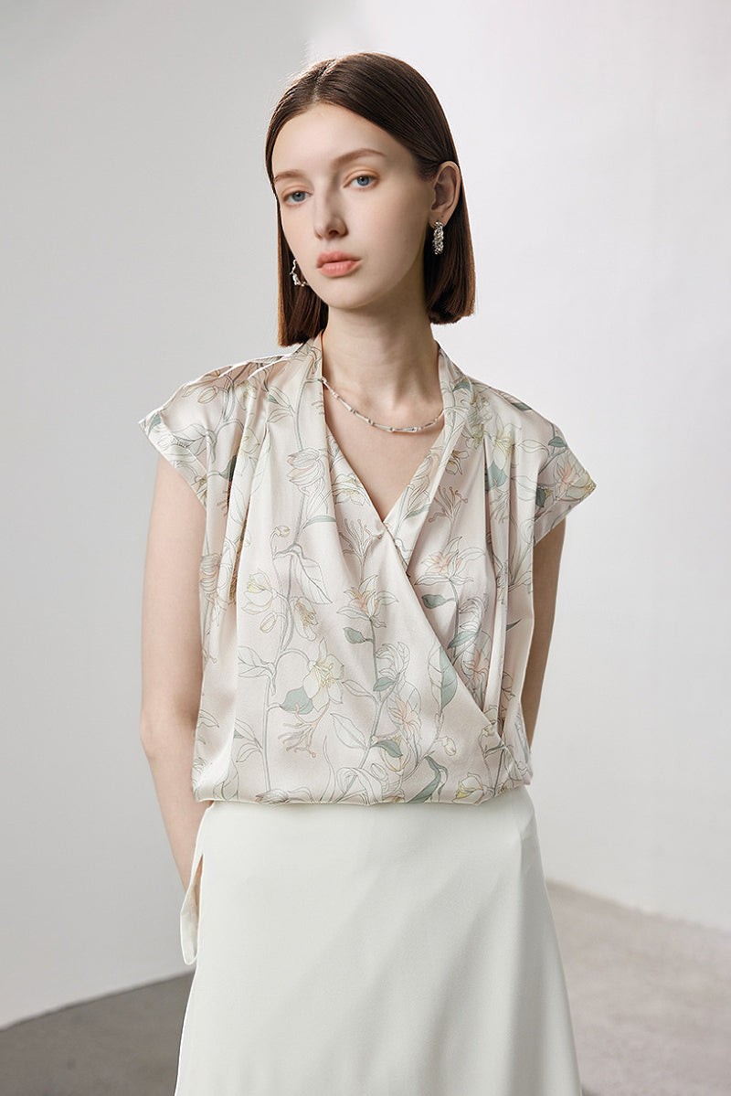 Stretch Silk Cap-Sleeve V-Neck Wrap Blouse