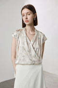 Stretch Silk Cap-Sleeve V-Neck Wrap Blouse