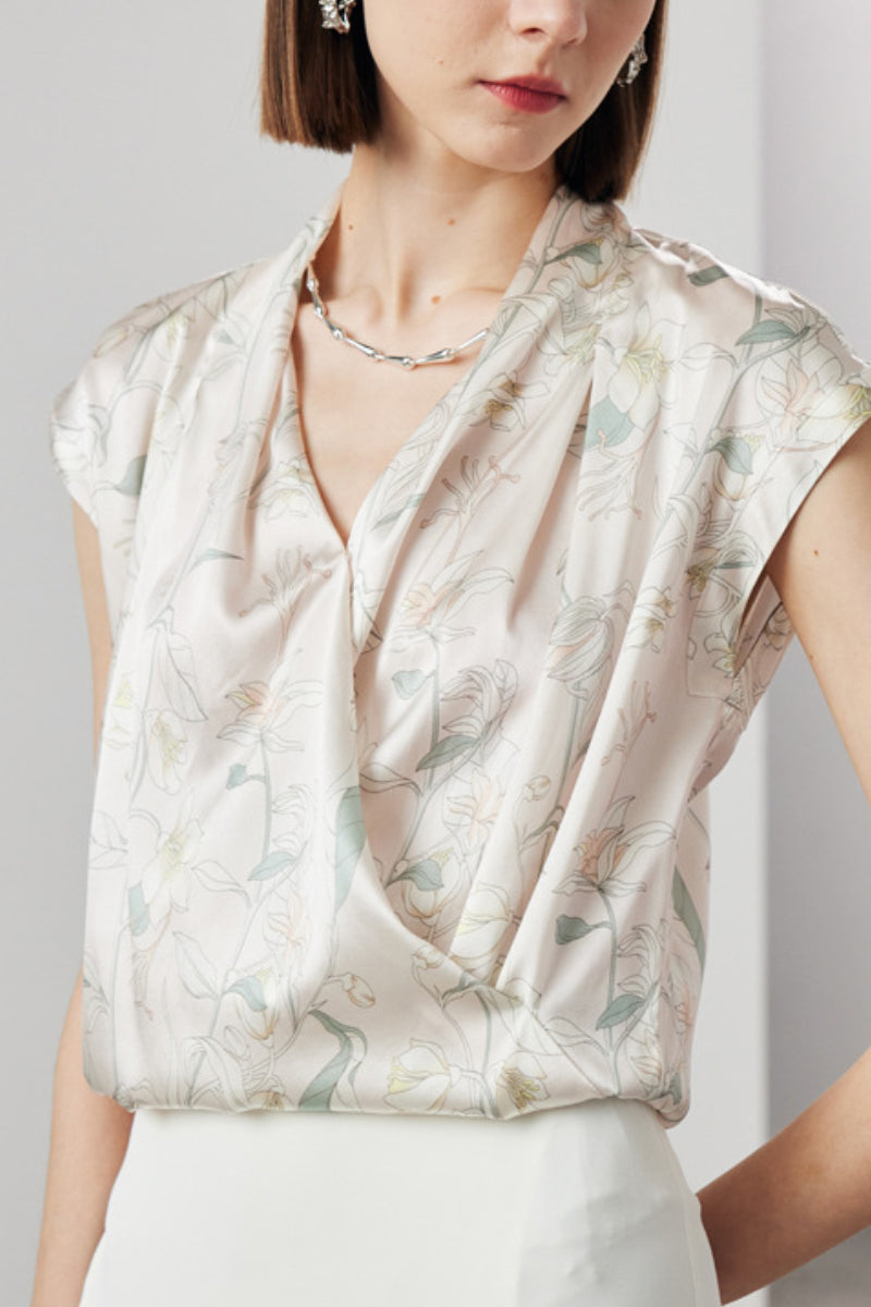Stretch Silk Cap-Sleeve V-Neck Wrap Blouse