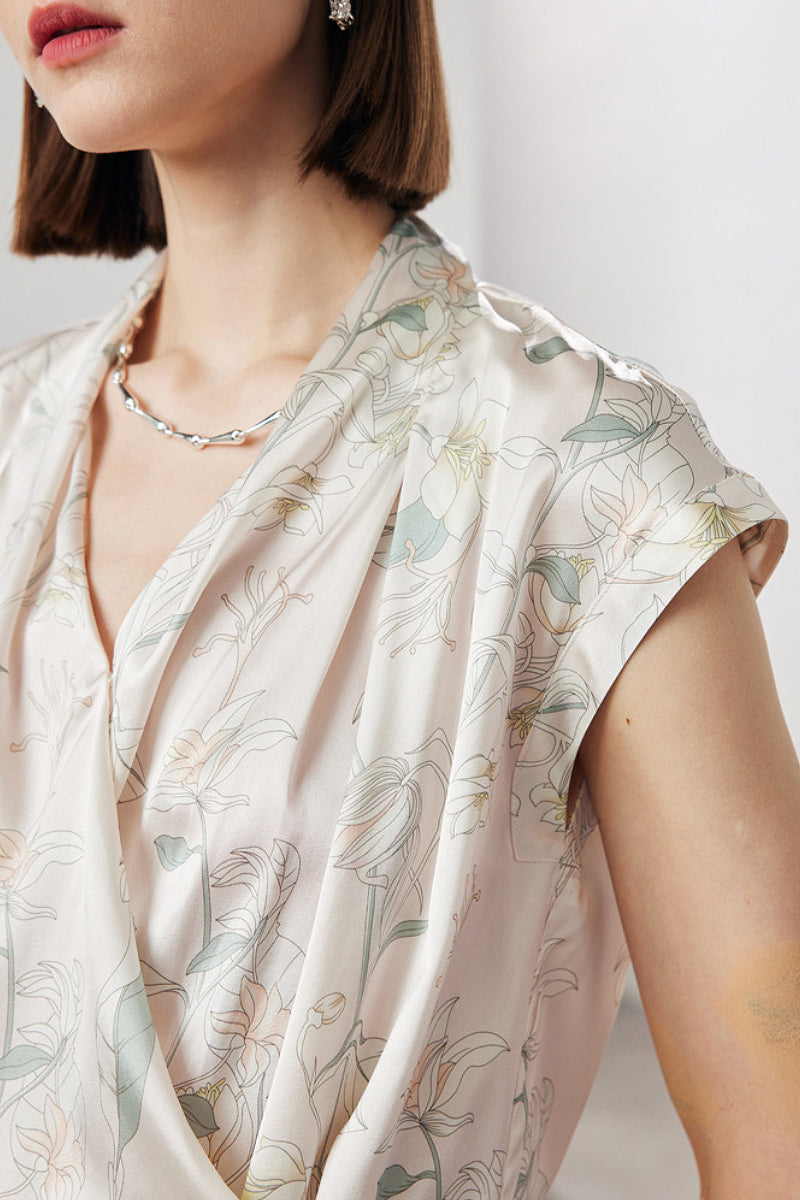 Stretch Silk Cap-Sleeve V-Neck Wrap Blouse