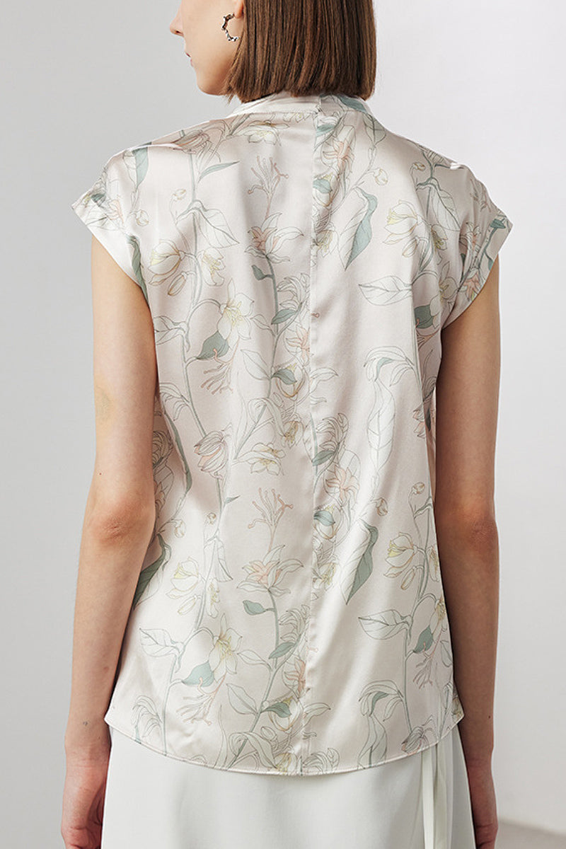 Stretch Silk Cap-Sleeve V-Neck Wrap Blouse