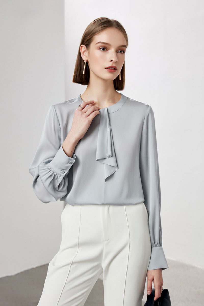 Stretch Silk Long-Sleeve Crewneck Ribbon Blouse