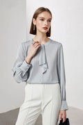 Stretch Silk Long-Sleeve Crewneck Ribbon Blouse