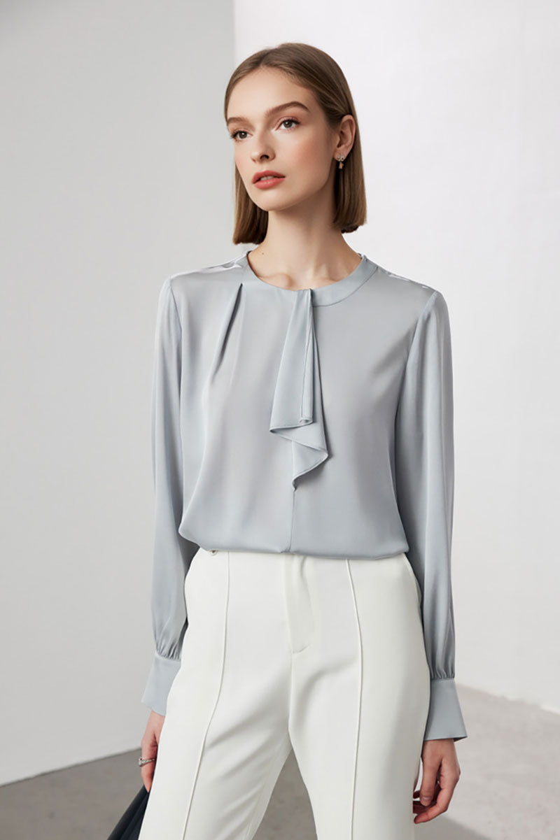 Stretch Silk Long-Sleeve Crewneck Ribbon Blouse