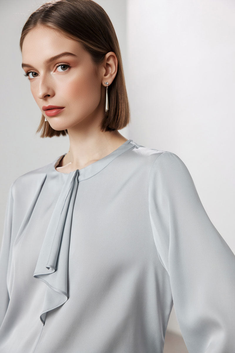 Stretch Silk Long-Sleeve Crewneck Ribbon Blouse