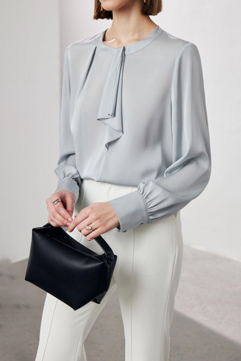 Stretch Silk Long-Sleeve Crewneck Ribbon Blouse