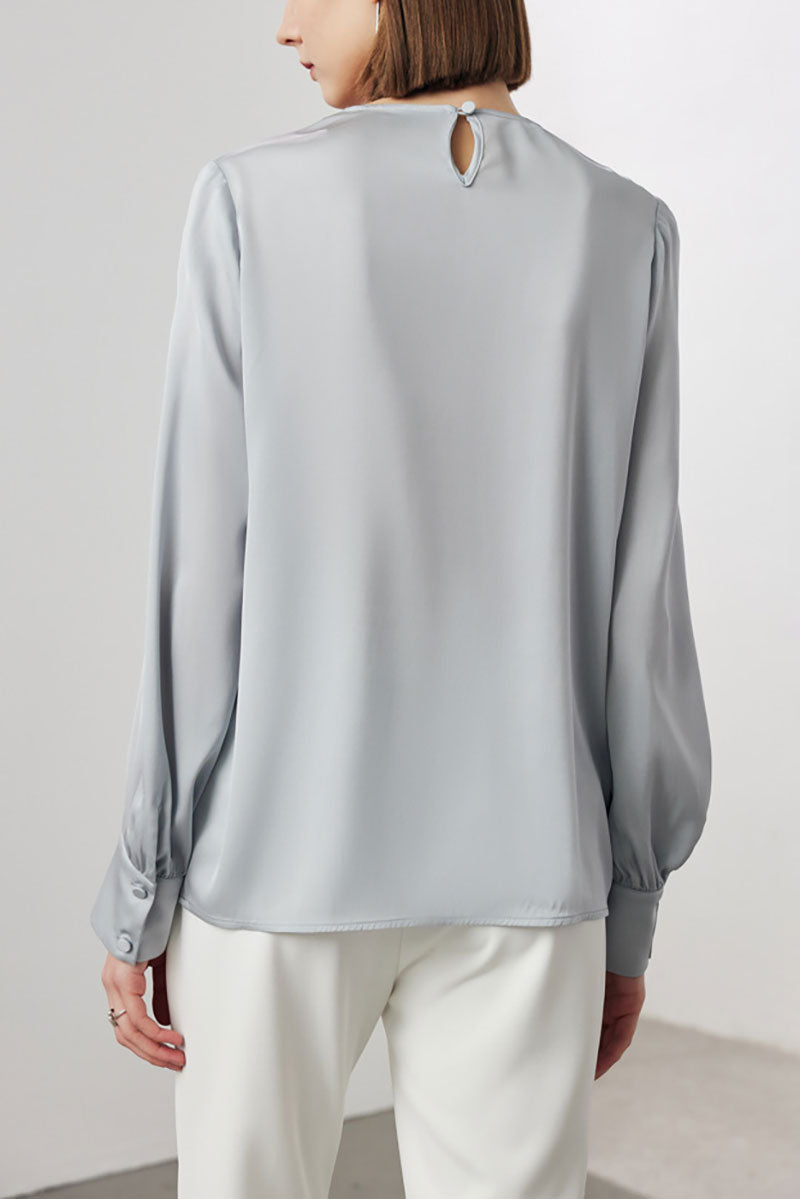 Stretch Silk Long-Sleeve Crewneck Ribbon Blouse