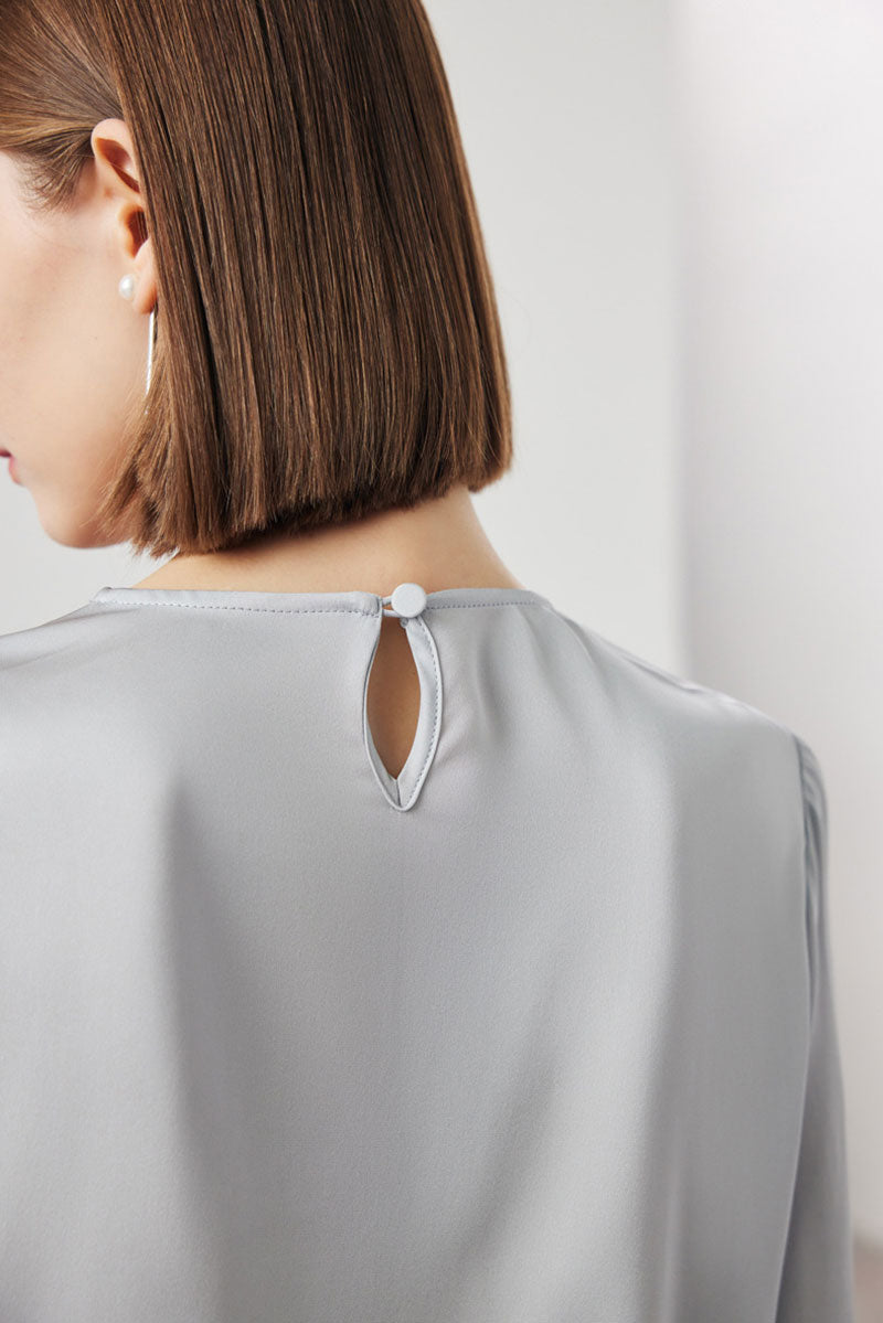 Stretch Silk Long-Sleeve Crewneck Ribbon Blouse