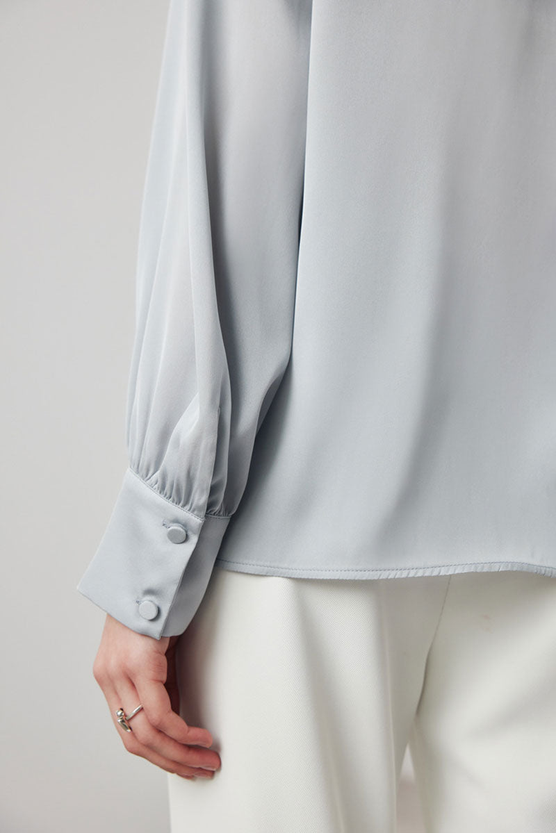 Stretch Silk Long-Sleeve Crewneck Ribbon Blouse