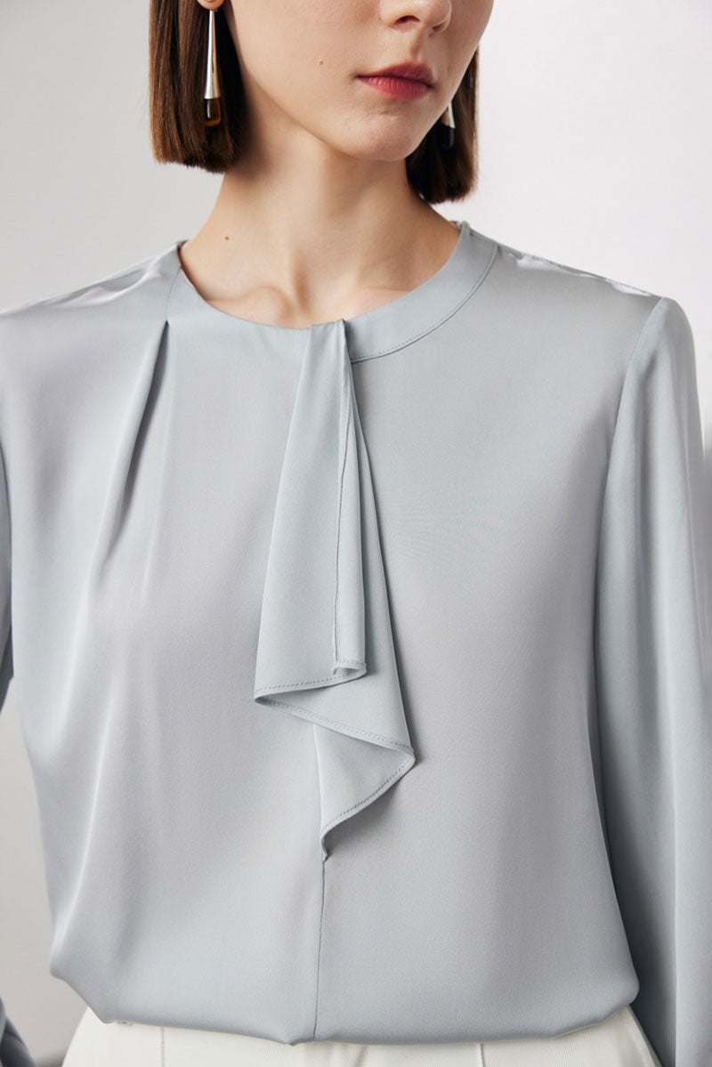 Stretch Silk Long-Sleeve Crewneck Ribbon Blouse