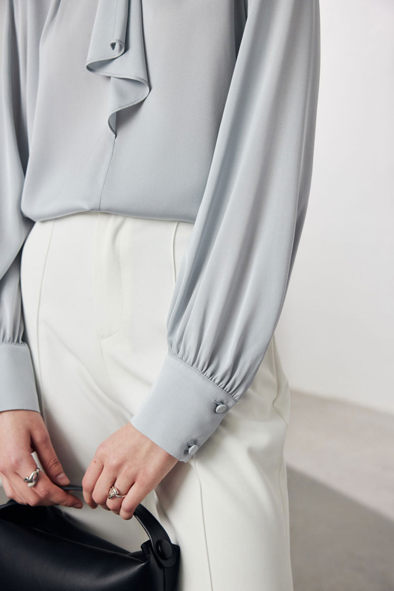 Stretch Silk Long-Sleeve Crewneck Ribbon Blouse
