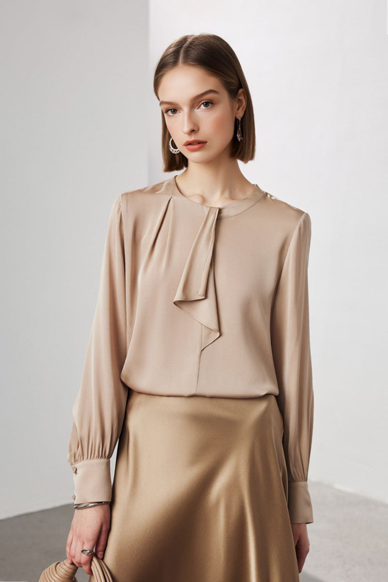 Stretch Silk Long-Sleeve Crewneck Ribbon Blouse