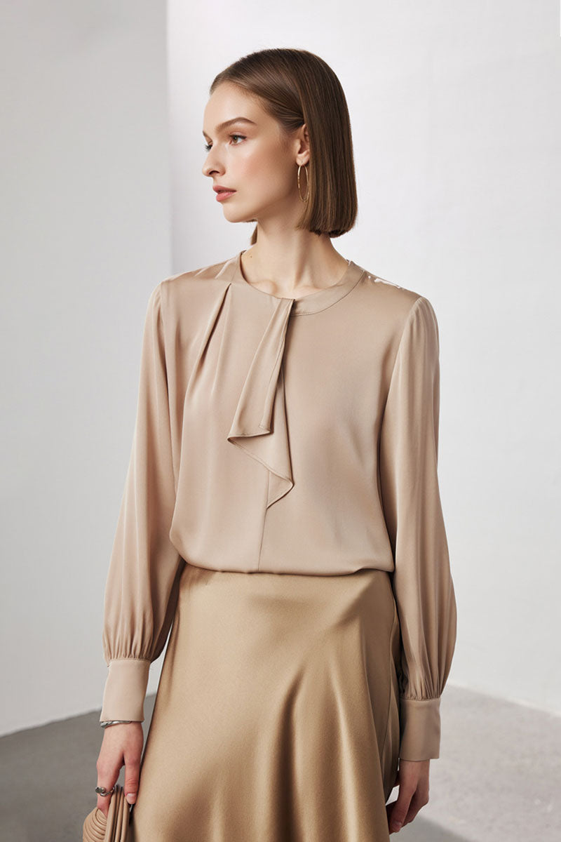 Stretch Silk Long-Sleeve Crewneck Ribbon Blouse