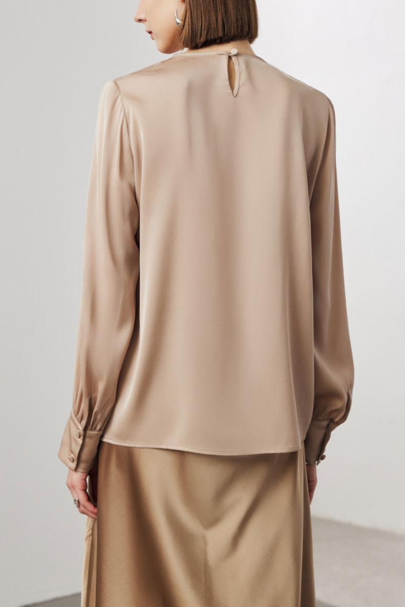 Stretch Silk Long-Sleeve Crewneck Ribbon Blouse