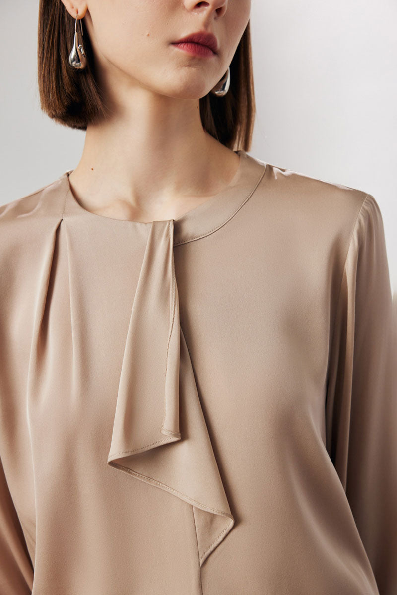 Stretch Silk Long-Sleeve Crewneck Ribbon Blouse